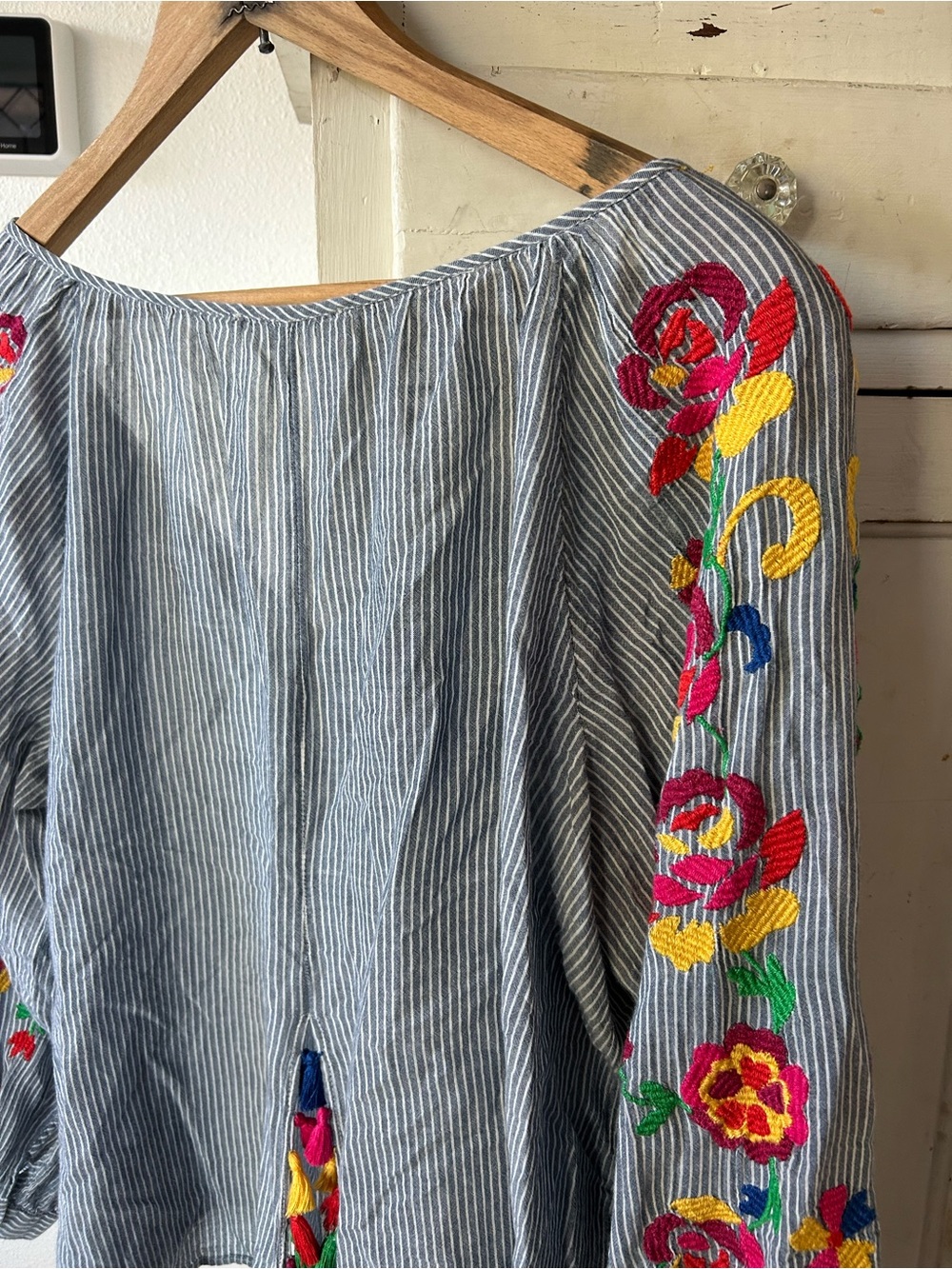 Anthropologie Floreat | Womens Blue/White Striped VNeck Embroidered Sleeve Top L - Picture 7 of 16